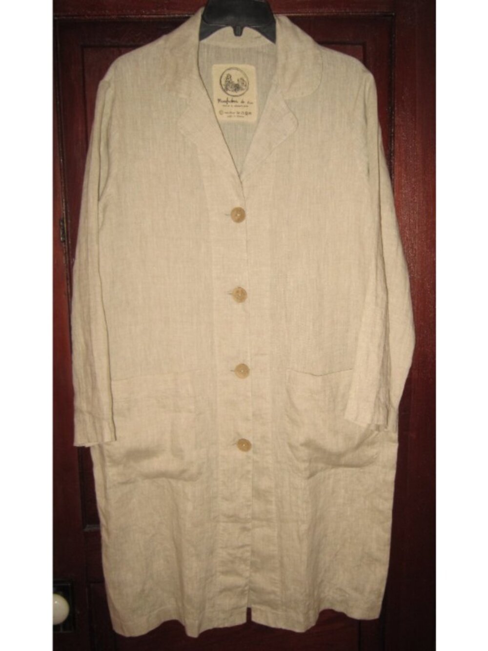 Manufacture de Lin Sz L 100% Linen Duster Jacket Chore Coat Pockets Button Long